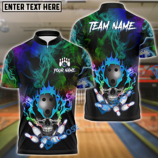 BlueJose Bowling And Pins Multicolor Skull Smoke Pattern Customized Name, Team Name 3D Shirt