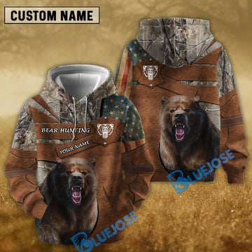 BlueJose Brown Bear Hunting USA Flag Retro Customized Name 3D Shirt