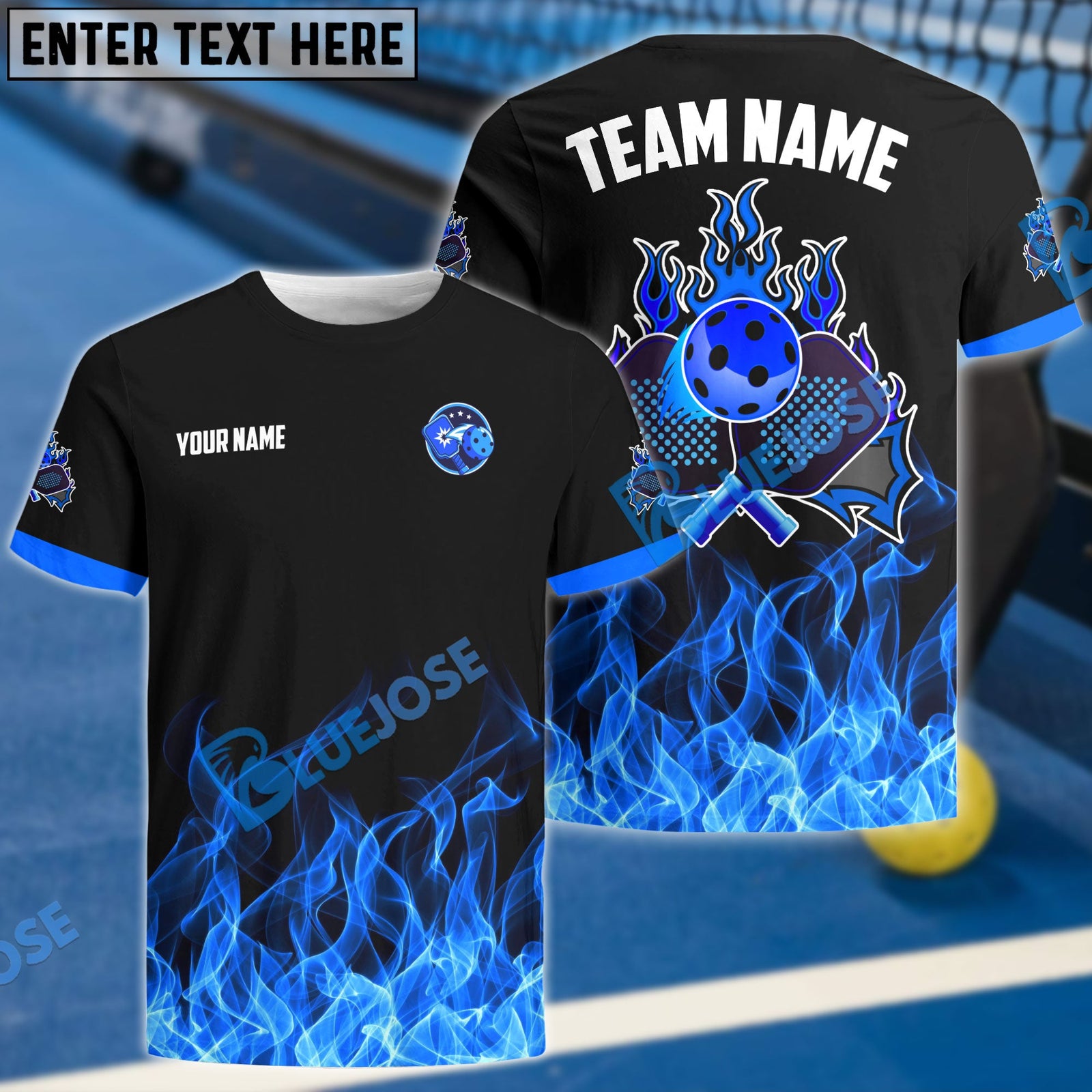 BlueJose Pickleball Fire Pattern Personalized Name, Team Name Unisex Shirt (4 Colors)