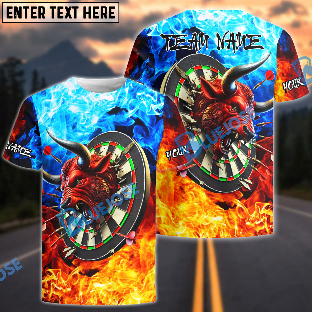 BlueJose Darts Bullseye Fire Flame Personalized Name, Team Name Shirt