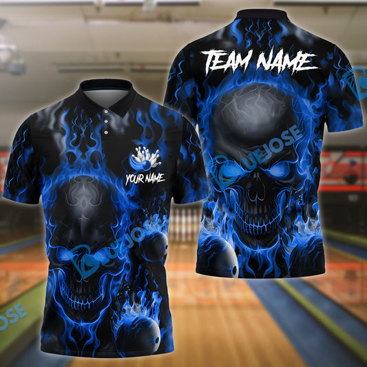 BlueJose Bowling And Pins Flame Skull Multicolor Customized Name 3D Shirt (4 Colors)