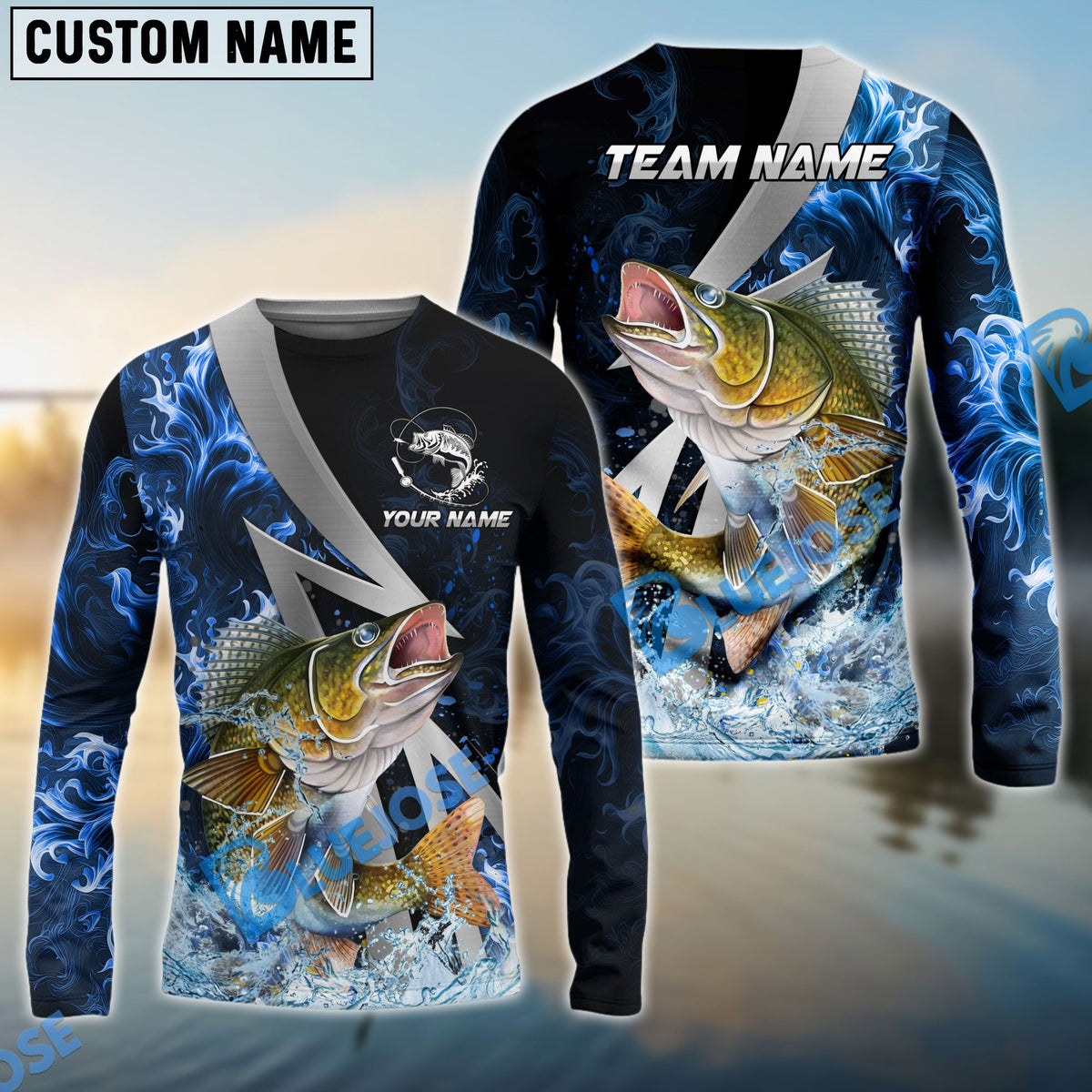 Bluejose Walleye Fishing Blue Fire Splash Custom Name &amp; Team Name 3D Shirts
