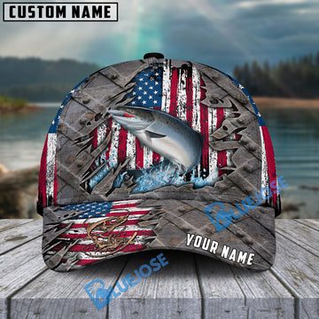 Bluejose Salmon Fishing US Flag Personalized Cap