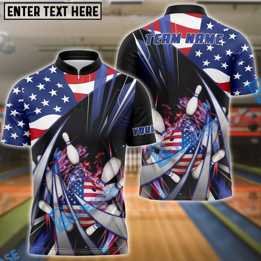 BlueJose Bowling Patriotic Stars Stripes Strike Burst Personalized Name, Team Name 3D Shirt
