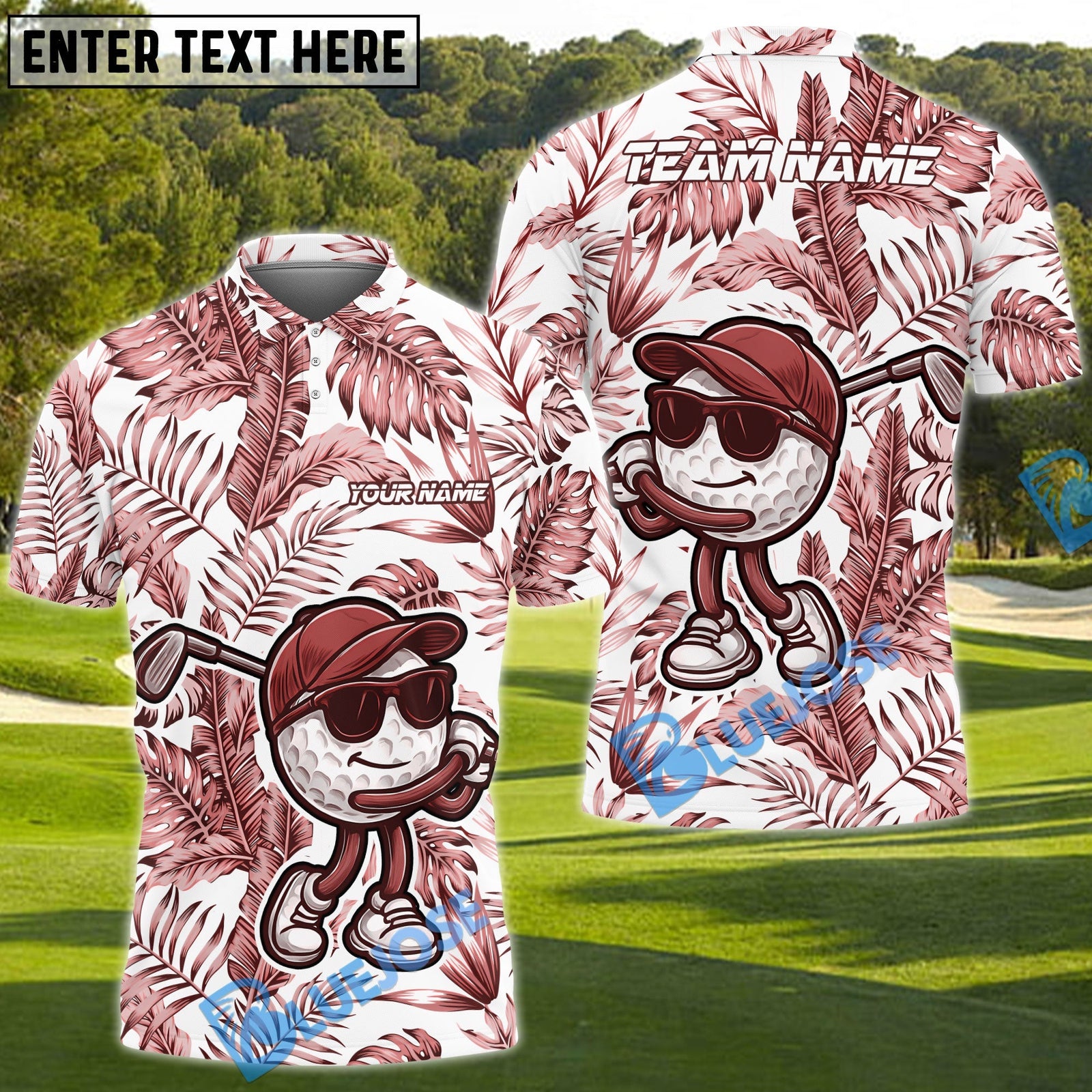 BlueJose Funny Golf Ball Tropical Leaf Customized Name, Team Name 3D Shirts (4 Colors)