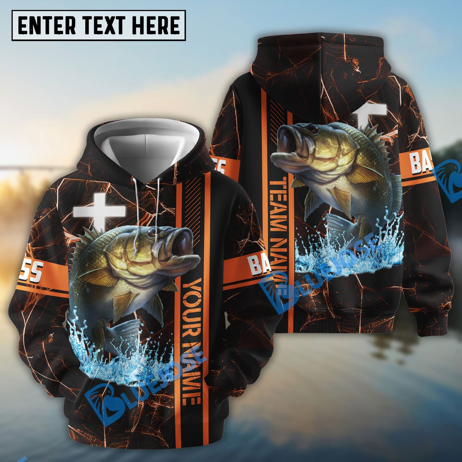 Bluejose Bass Fishing Orange Cross Pattern Custom Name & Team Name 3D Shirts