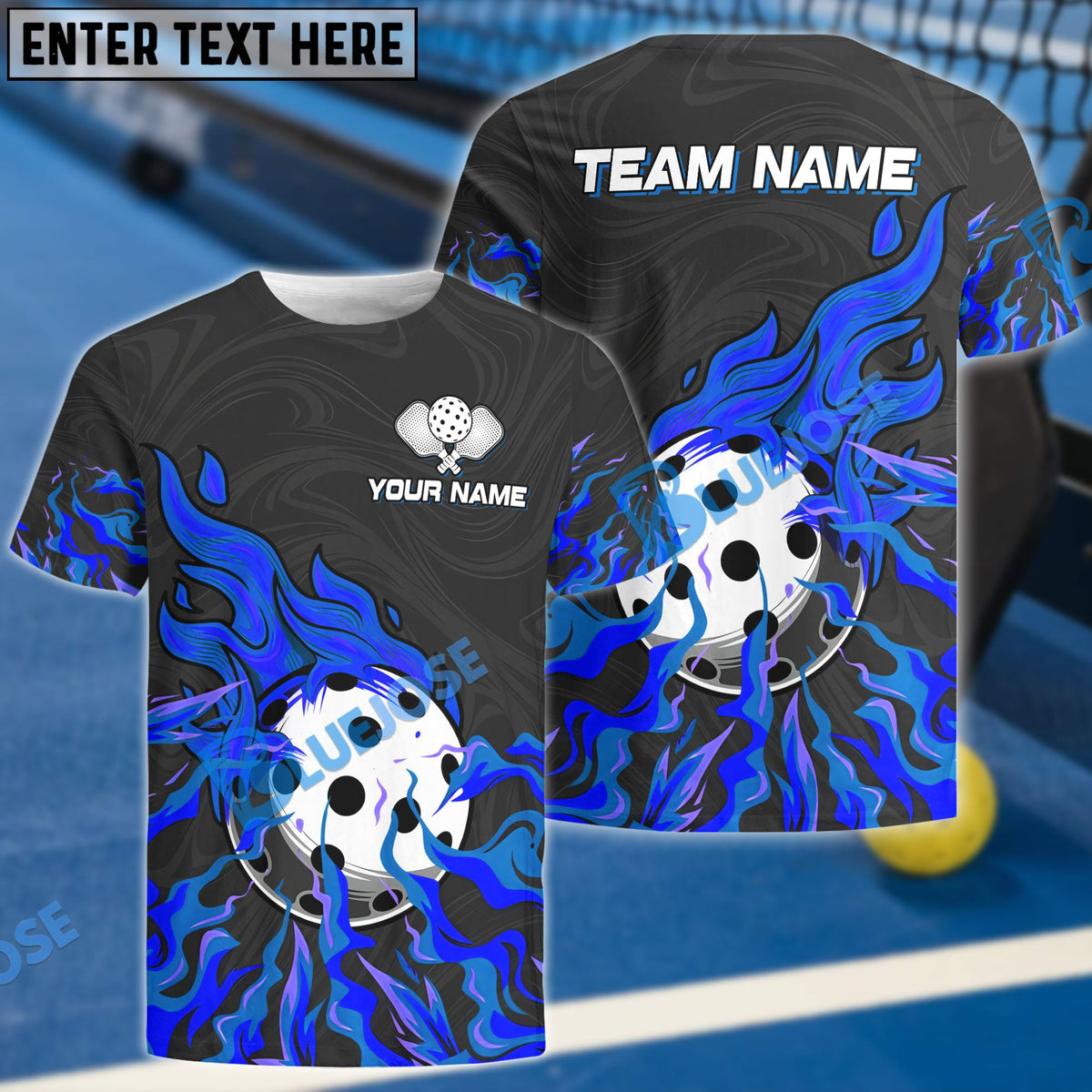 BlueJose Pickleball On Fire Personalized Name, Team Name Unisex Shirt (4 Colors)