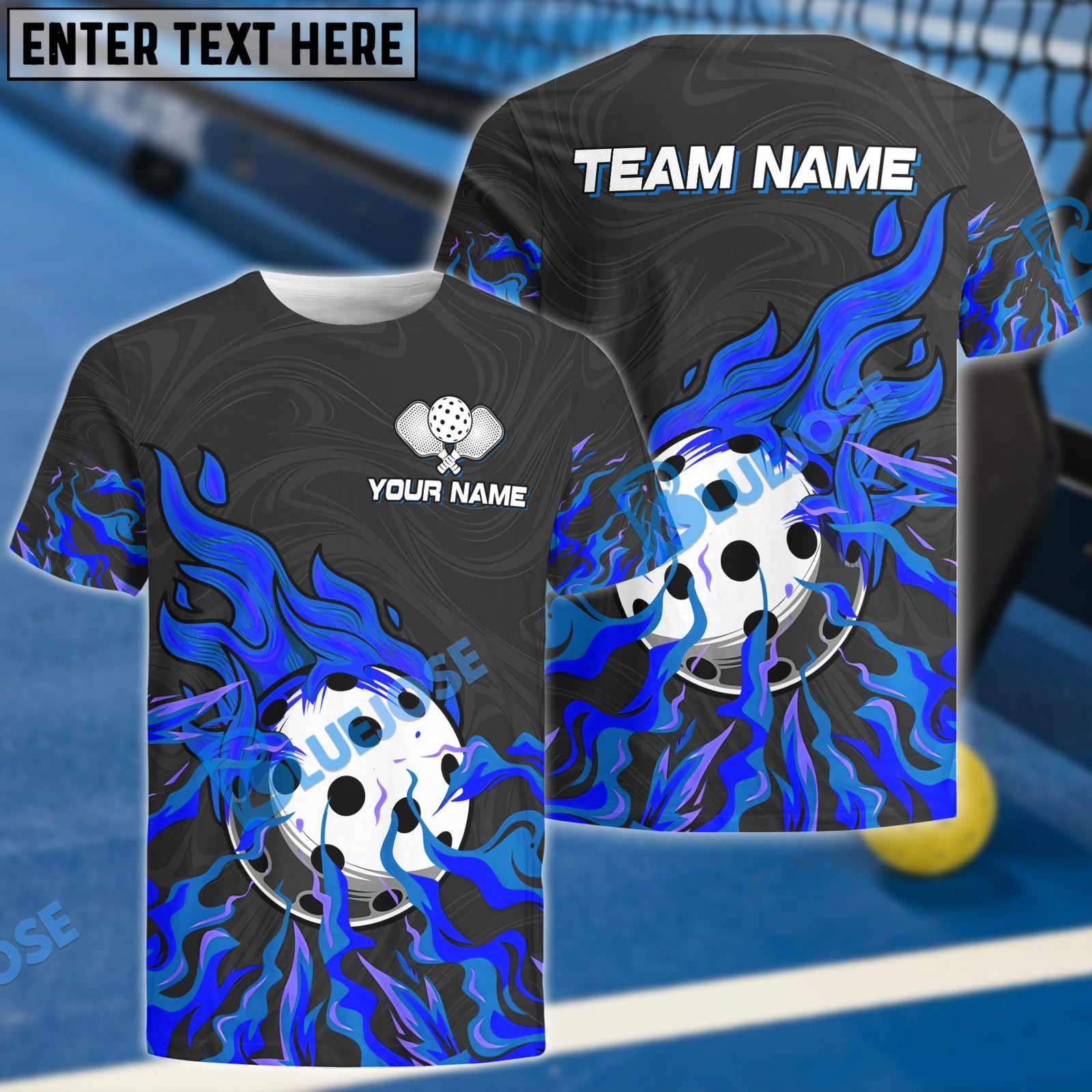 BlueJose Pickleball On Fire Personalized Name, Team Name Unisex Shirt (4 Colors)