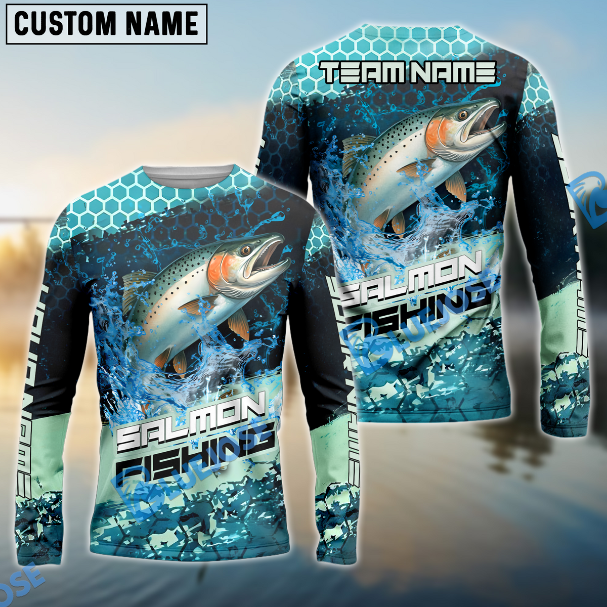 Bluejose Salmon Fishing Aqua Strike Custom Name &amp; Team Name 3D Shirts