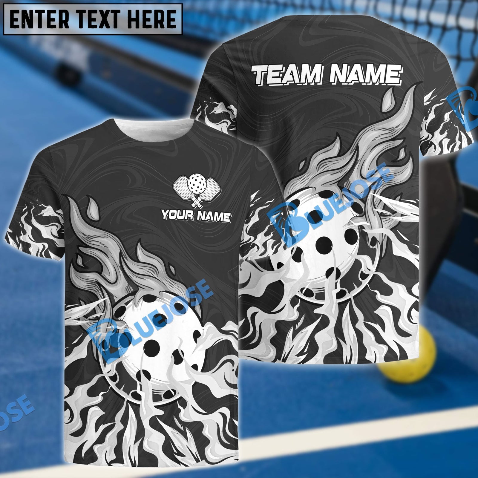 BlueJose Pickleball On Fire Personalized Name, Team Name Unisex Shirt (4 Colors)
