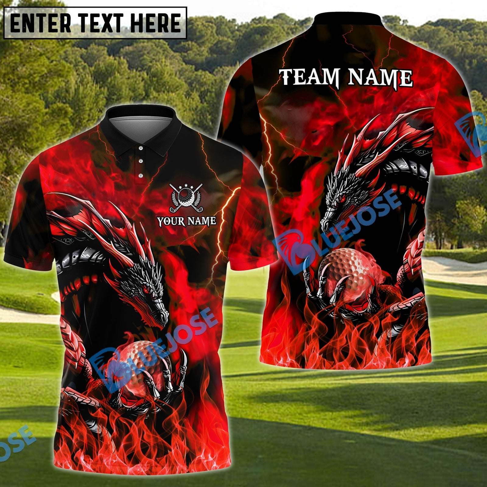 BlueJose Dragon Golf Fire Lightning Shirt Customized Name, Team Name 3D Shirts (4 Colors)