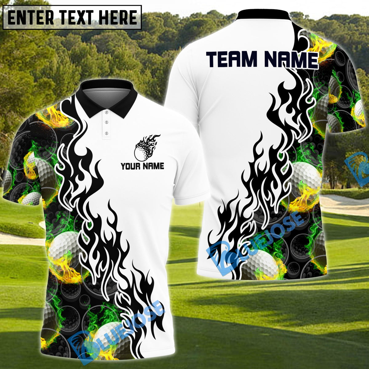 BlueJose Fireball Golf Shirt Customized Name, Team Name 3D Shirts (4 Colors)