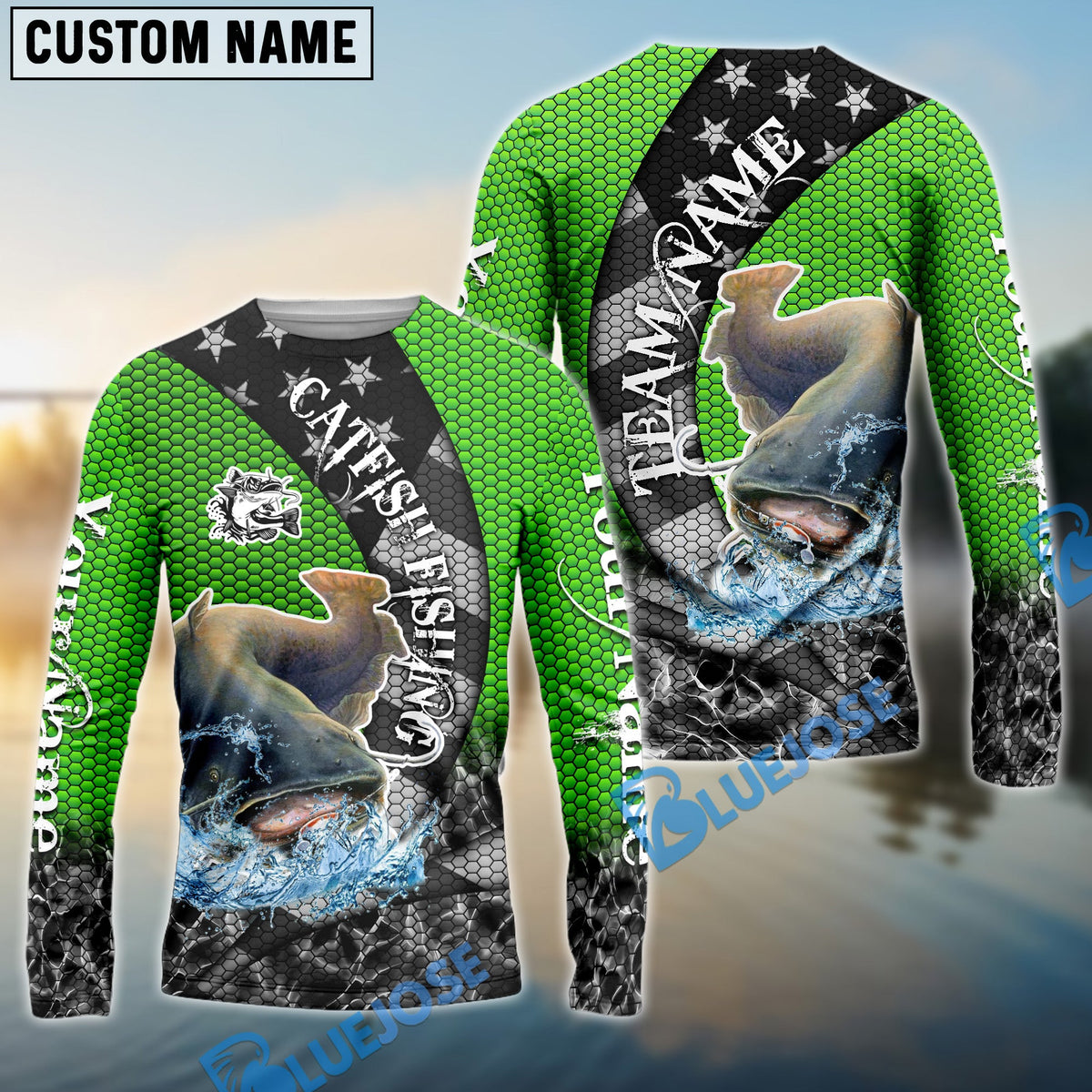 Bluejose Catfish Fishing American Flag Green Stars Custom Name &amp; Team Name 3D Shirts