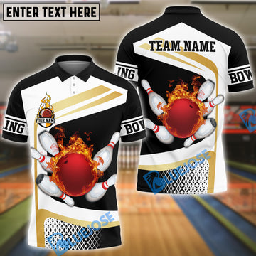 BlueJose Bowling And Pins Golden Flaming Strike Customized Name, Team Name 3D Shirt (4 Colors)