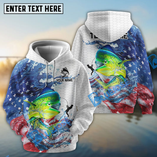 Bluejose Mahi-mahi Fishing Patriotic American Flag Wave White Skin Custom Name & Team Name 3D Shirts
