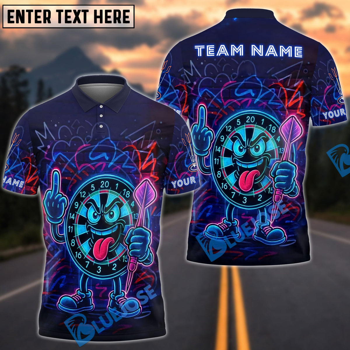 BlueJose Darts Angry Dartboard Neon Style Customized Name, Team Name 3D Shirt (4 Colors)