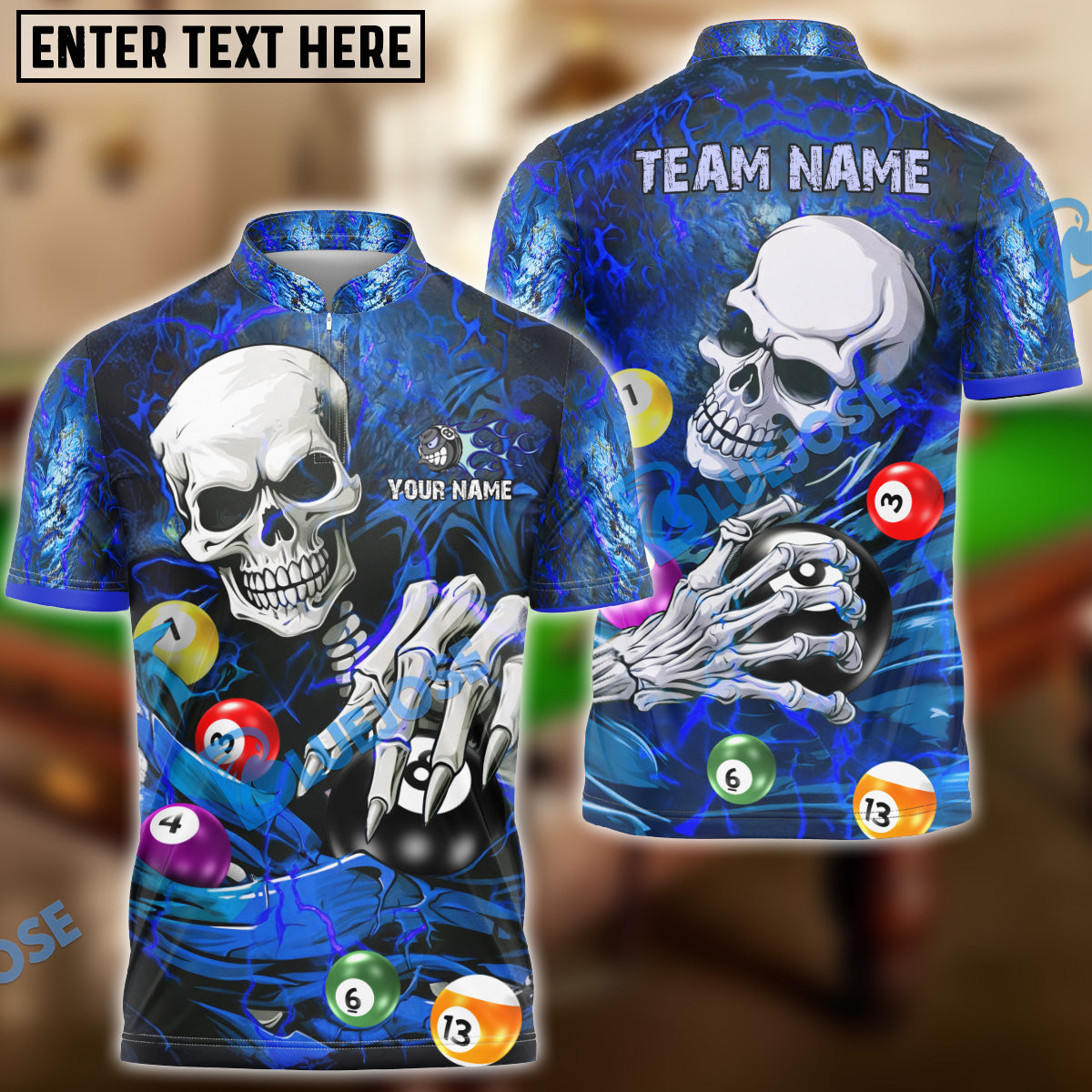 BlueJose Billiards Ball 8 Skull Lightning Personalized Name & Team Name Shirt (4 Colors)