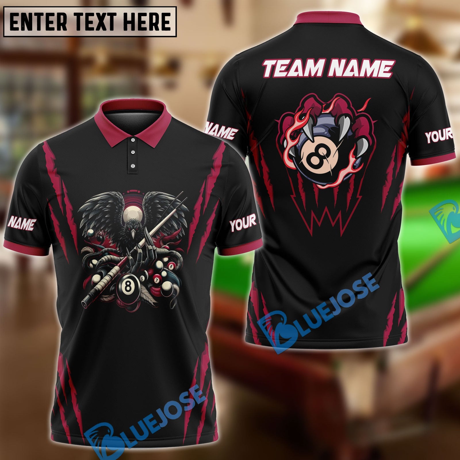 BlueJose Billiards Eagle Claw Personalized Name & Team Name Shirt (6 Colors)