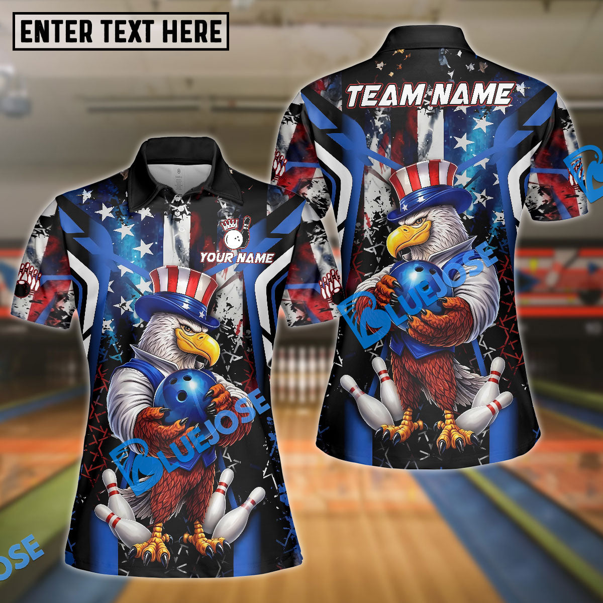 BlueJose Bowling & Pins American Flag Patriotic Eagle Strike Graphic Customized Name, Team Name 3D Shirt (4 Colors)