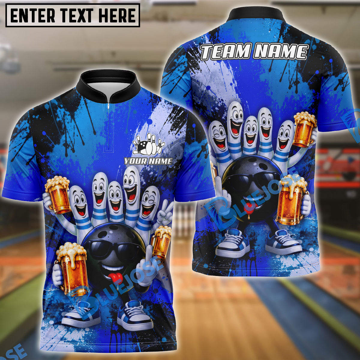 BlueJose Bowling And Pins Bad Attitude Cartoon Beer Party Gang Customized Name, Team Name 3D Shirt (4 Colors)