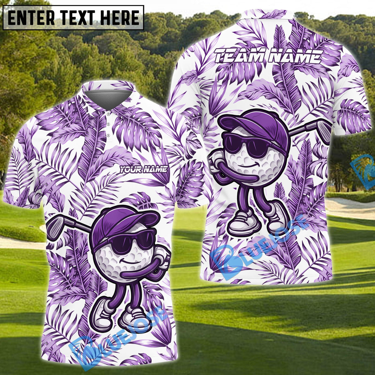 BlueJose Funny Golf Ball Tropical Leaf Customized Name, Team Name 3D Shirts (4 Colors)
