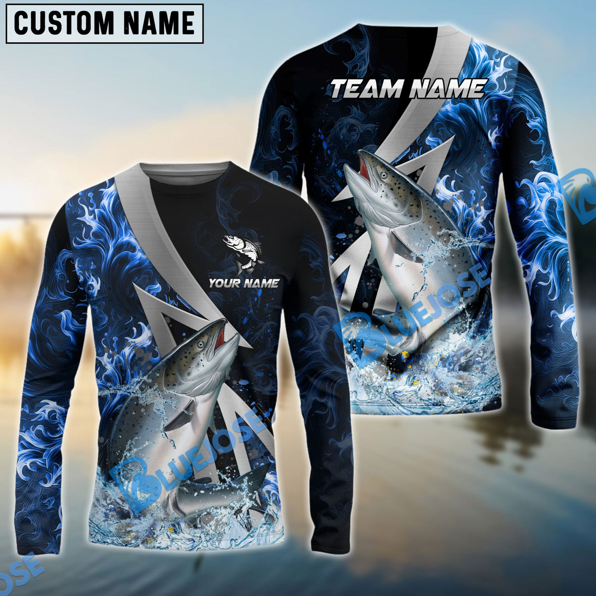 Bluejose Salmon Fishing Blue Fire Splash Custom Name &amp; Team Name 3D Shirts