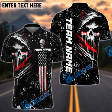 BlueJose Darts Grim Skull with American Flag Personalized Name Shirt