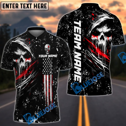 BlueJose Darts Grim Skull with American Flag Personalized Name Shirt
