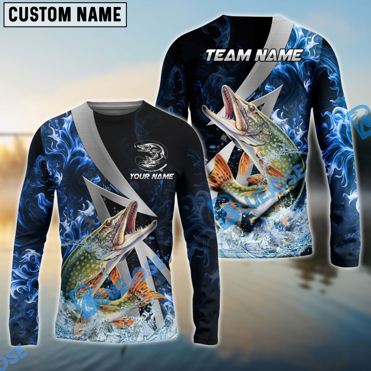 Bluejose Pike Fishing Blue Fire Splash Custom Name &amp; Team Name 3D Shirts