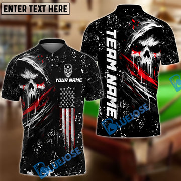 BlueJose Billiards Ball 8 Grim Skull with American Flag Customized Name, Team Name 3D Shirt