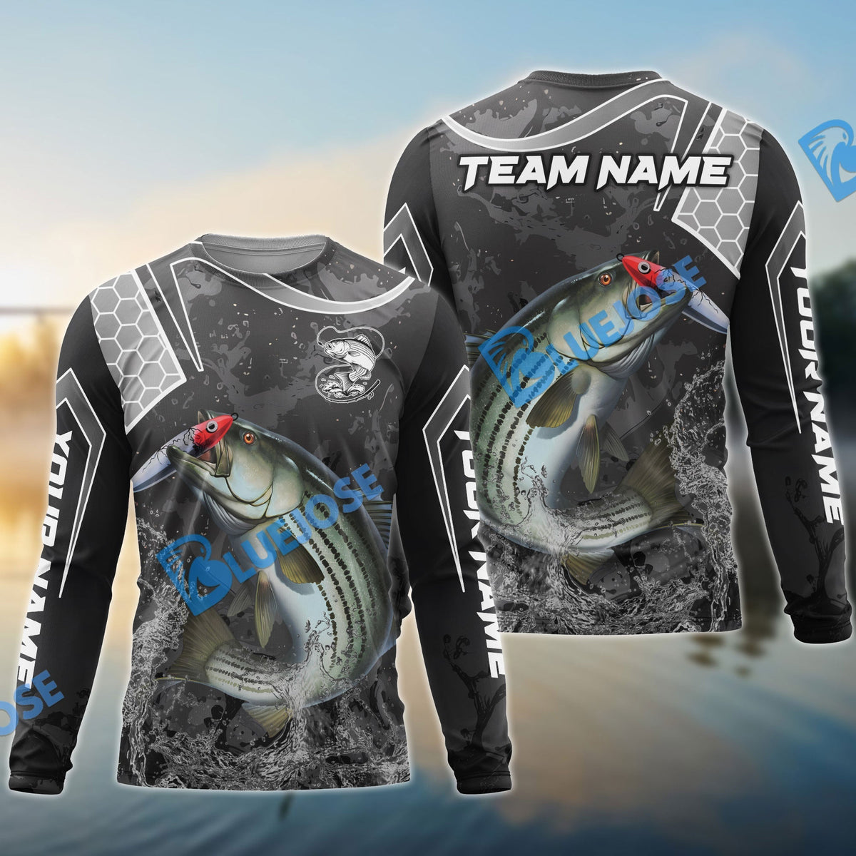 Bluejose Striped Bass Fishing Gray Camo Sport Custom Name &amp; Team Name 3D Shirts