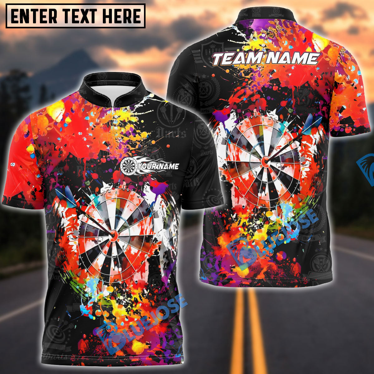 BlueJose Darts Colorful Paint Pattern Personalized Name, Team Name Shirt (4 Colors)