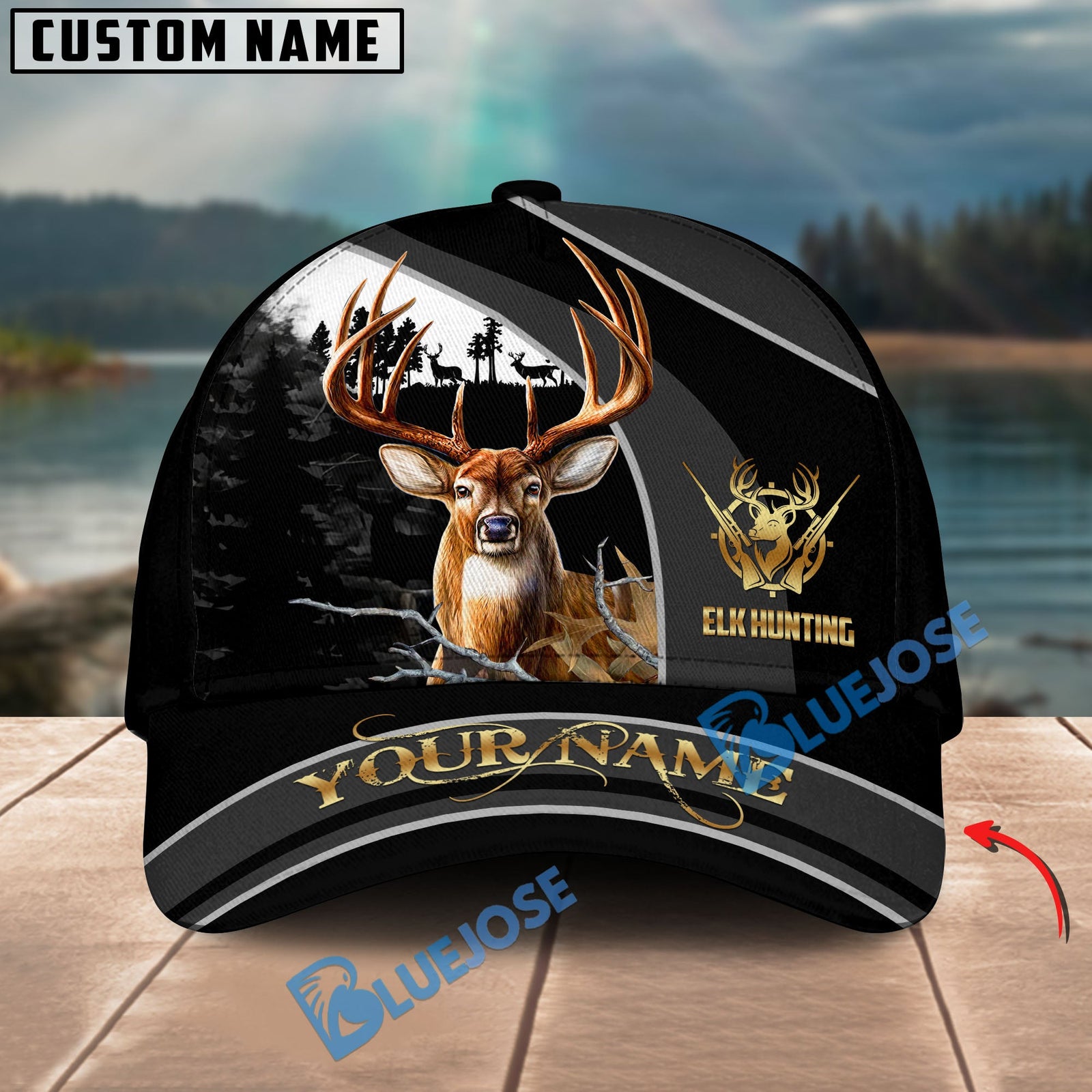BlueJose Elk Hunting Forest Black And Gray Personalized Cap