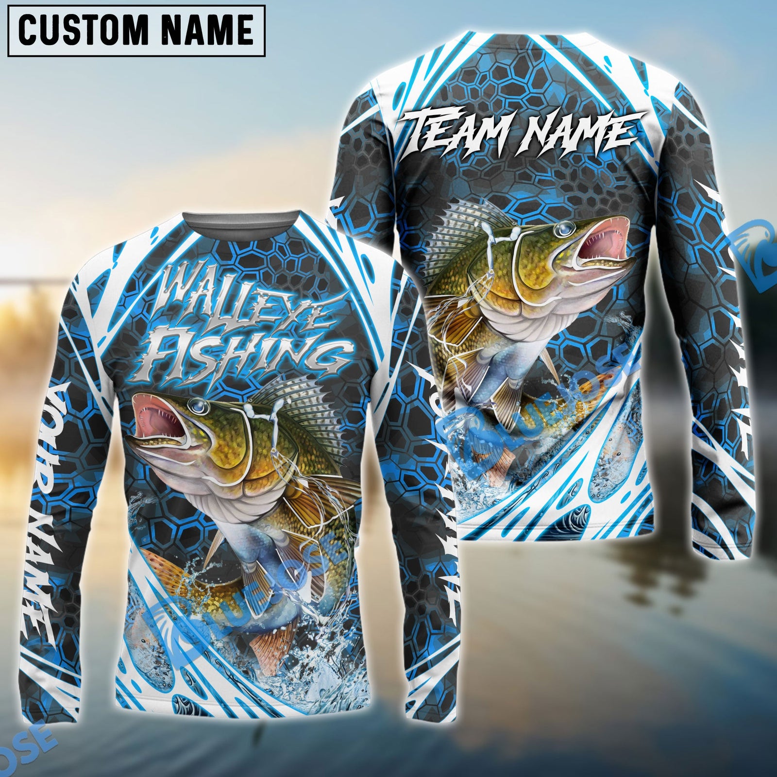 Bluejose Walleye Fishing Modern Hexagon Water Splash Custom Name & Team Name 3D Shirts