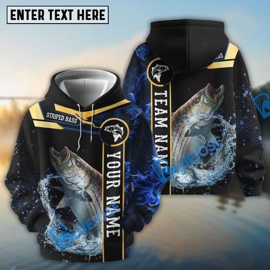 Bluejose Striped Bass Fishing Golden With Blue Flame Pattern Custom Name & Team Name 3D Shirts