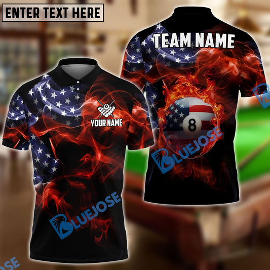 BlueJose Billiards Ball 8 American Flag Fire Customized Name, Team Name 3D Shirt