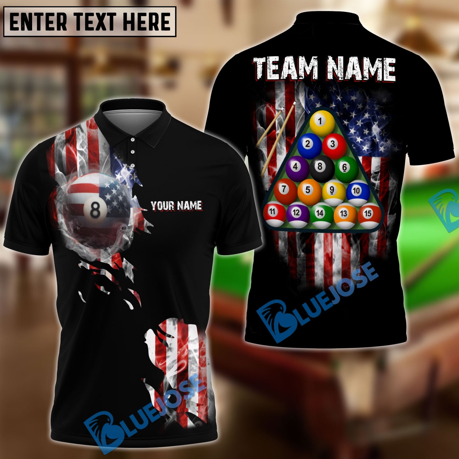 BlueJose Billiards USA Flag 8 Ball Stars And Stripes Style Personalized Shirt (2 Colors)