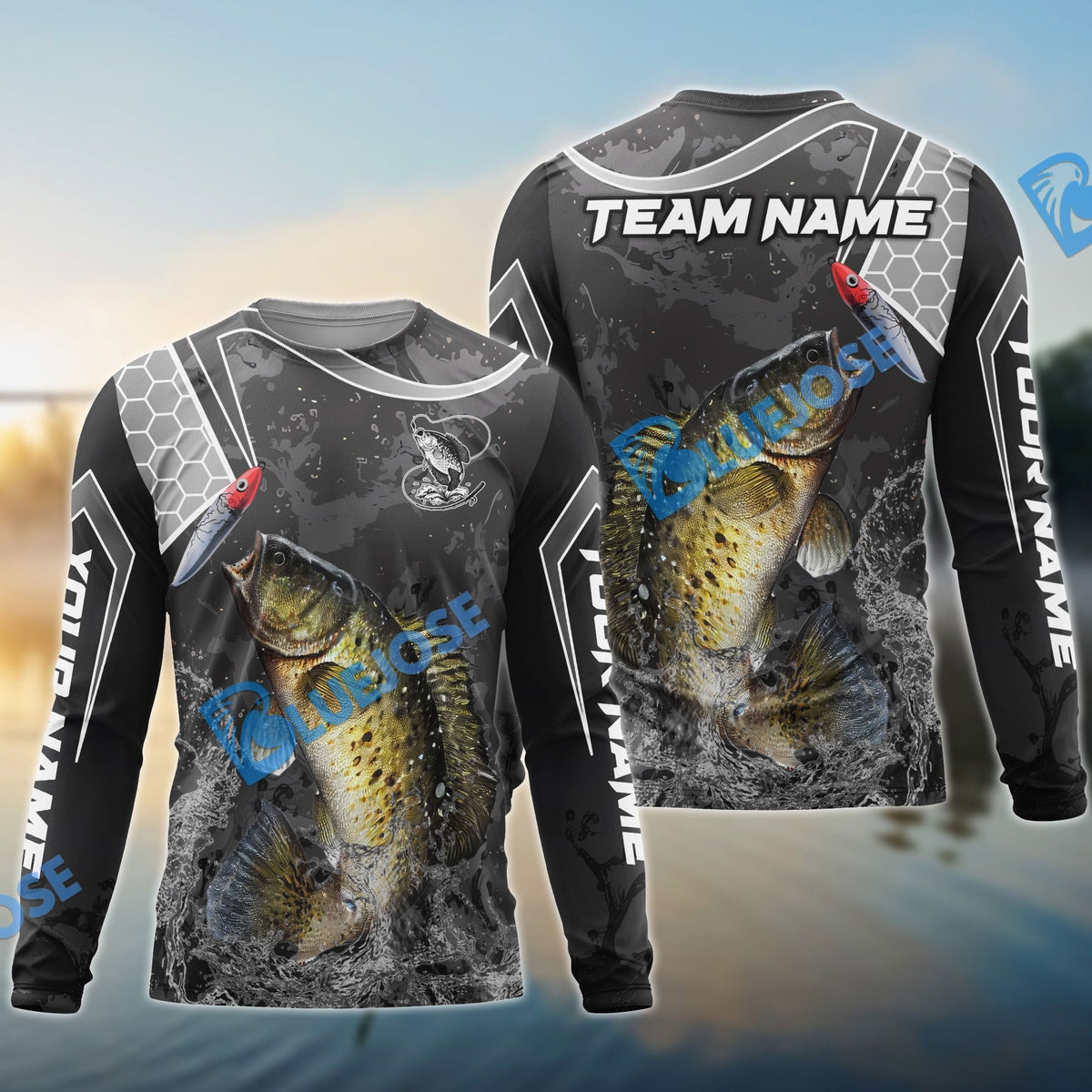 Bluejose Crappie Fishing Gray Camo Sport Custom Name &amp; Team Name 3D Shirts