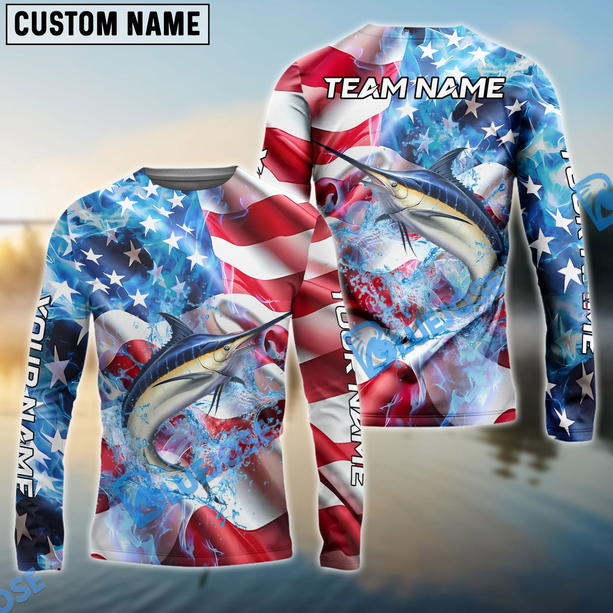 Bluejose Marlin Fishing American Flag Patriot Catch Design Name &amp; Team Name 3D Shirts