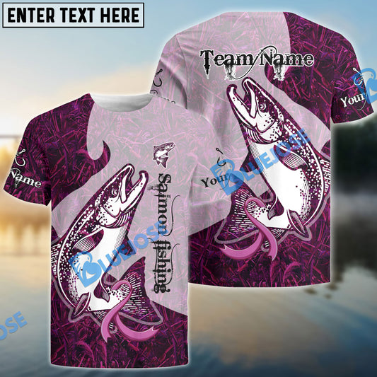 Bluejose Salmon Fishing Breast Cancer Ribbon Pink Camo Custom Name & Team Name 3D Shirts
