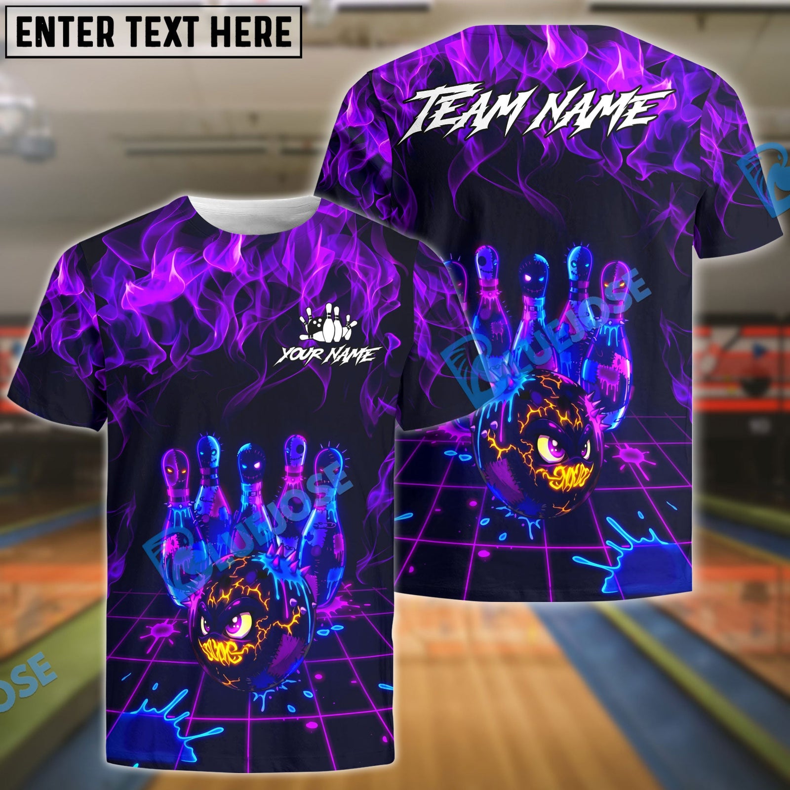 BlueJose Bowling & Pins Neon Cyber Electric Art Customized Name, Team Name 3D Shirt (4 Colors)