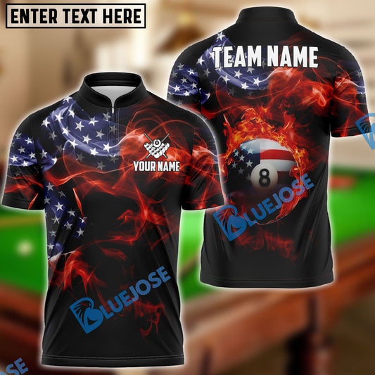 BlueJose Billiards Ball 8 American Flag Fire Customized Name, Team Name 3D Shirt