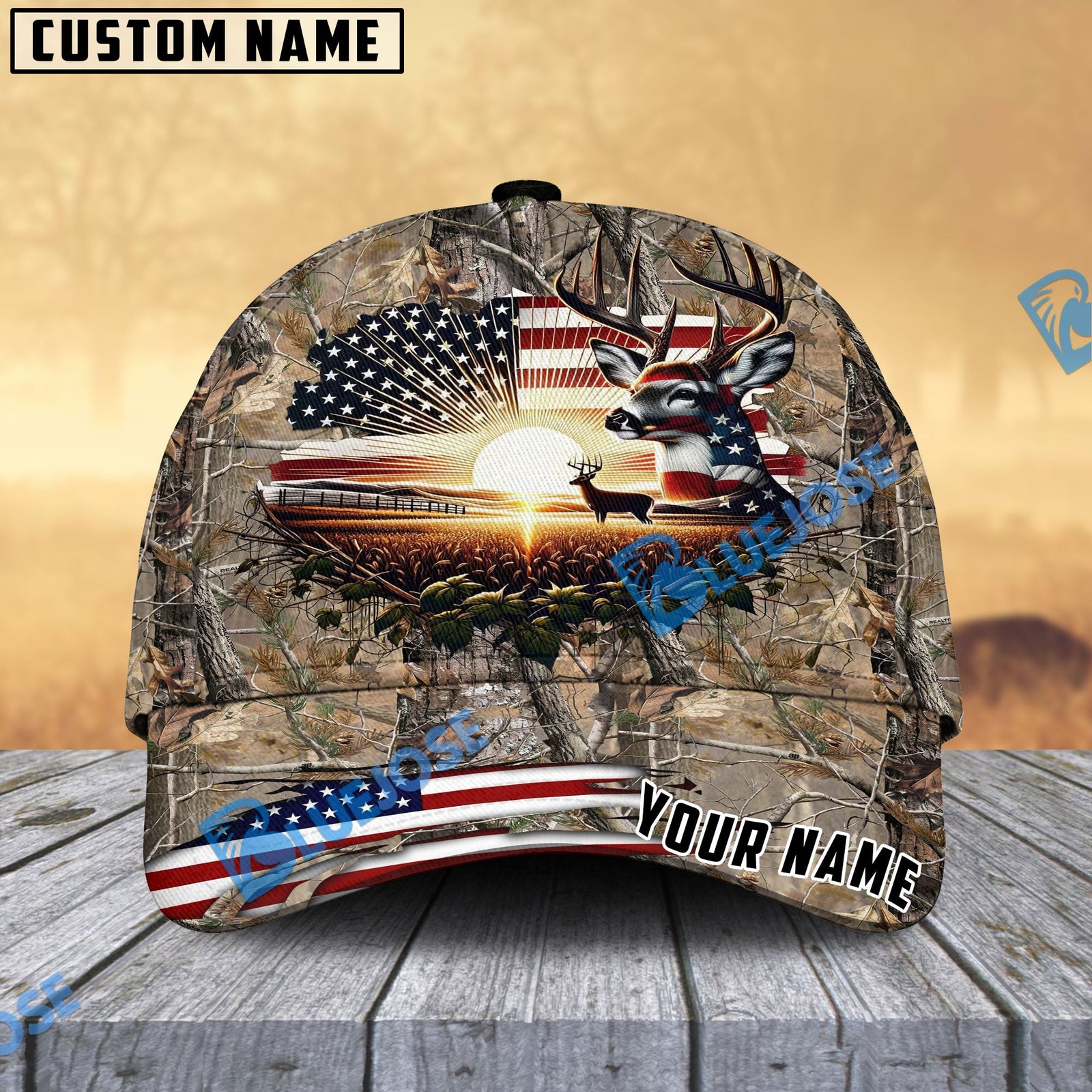 BlueJose Deer Hunting USA Flag Sunset Multicolor Personalized Cap