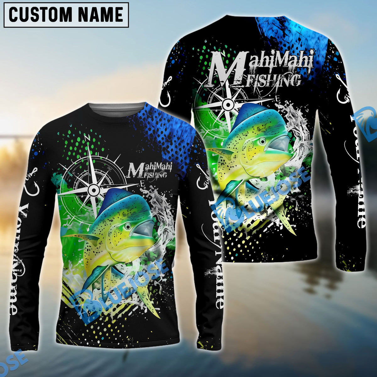 Bluejose  Mahi Mahi Fishing Compass Splash Custom Name &amp; Team Name 3D Shirts