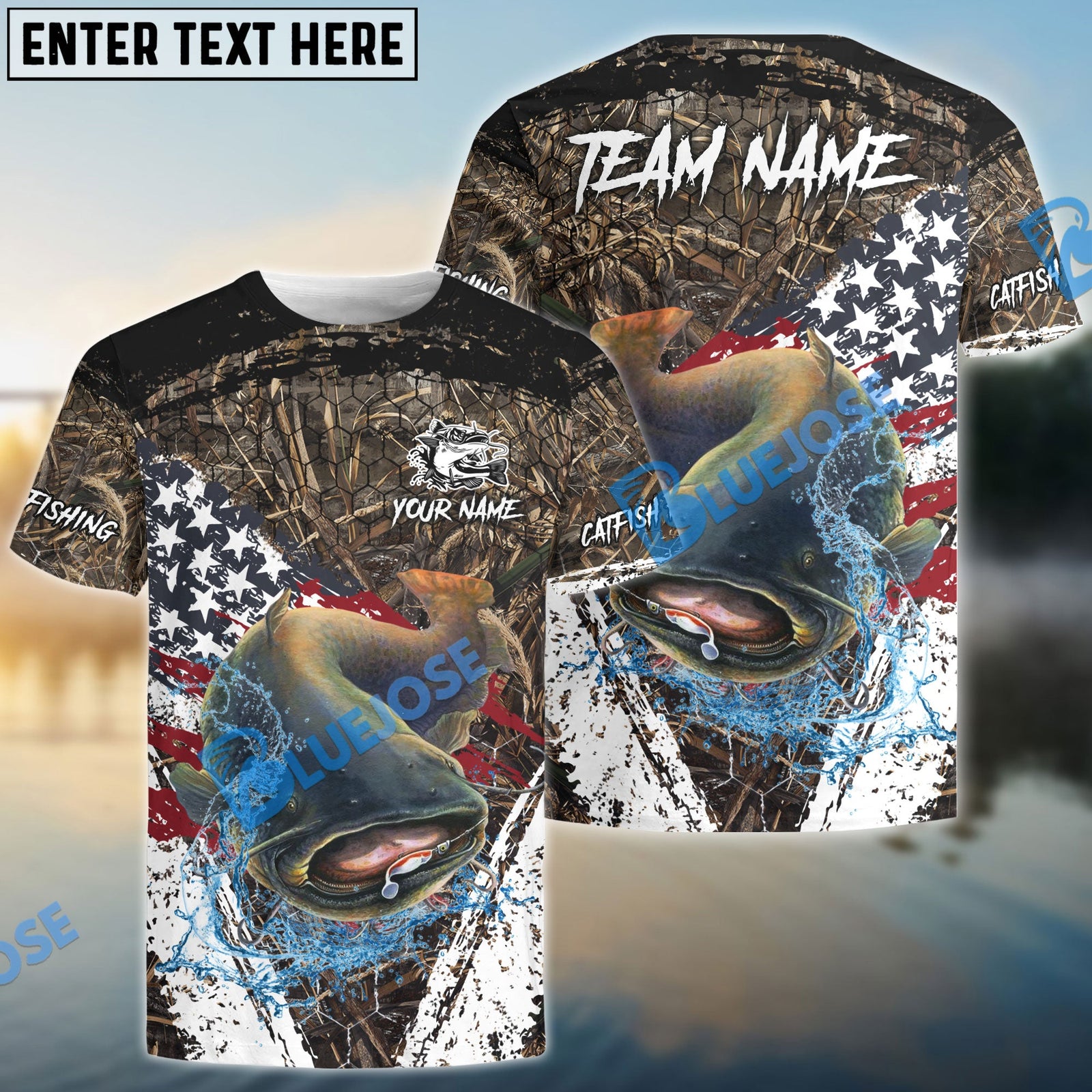 Bluejose Catfish Fishing American Flag Scratch Grass Camo Custom Name & Team Name 3D Shirts