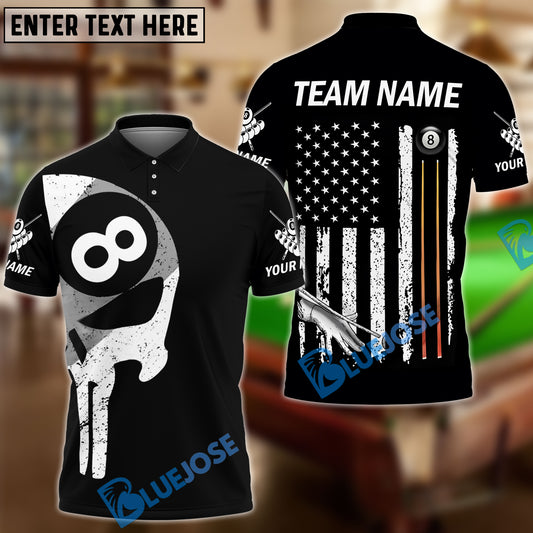 BlueJose Billiards Ball 8 Skull American Flag Customized Name, Team Name 3D Shirt