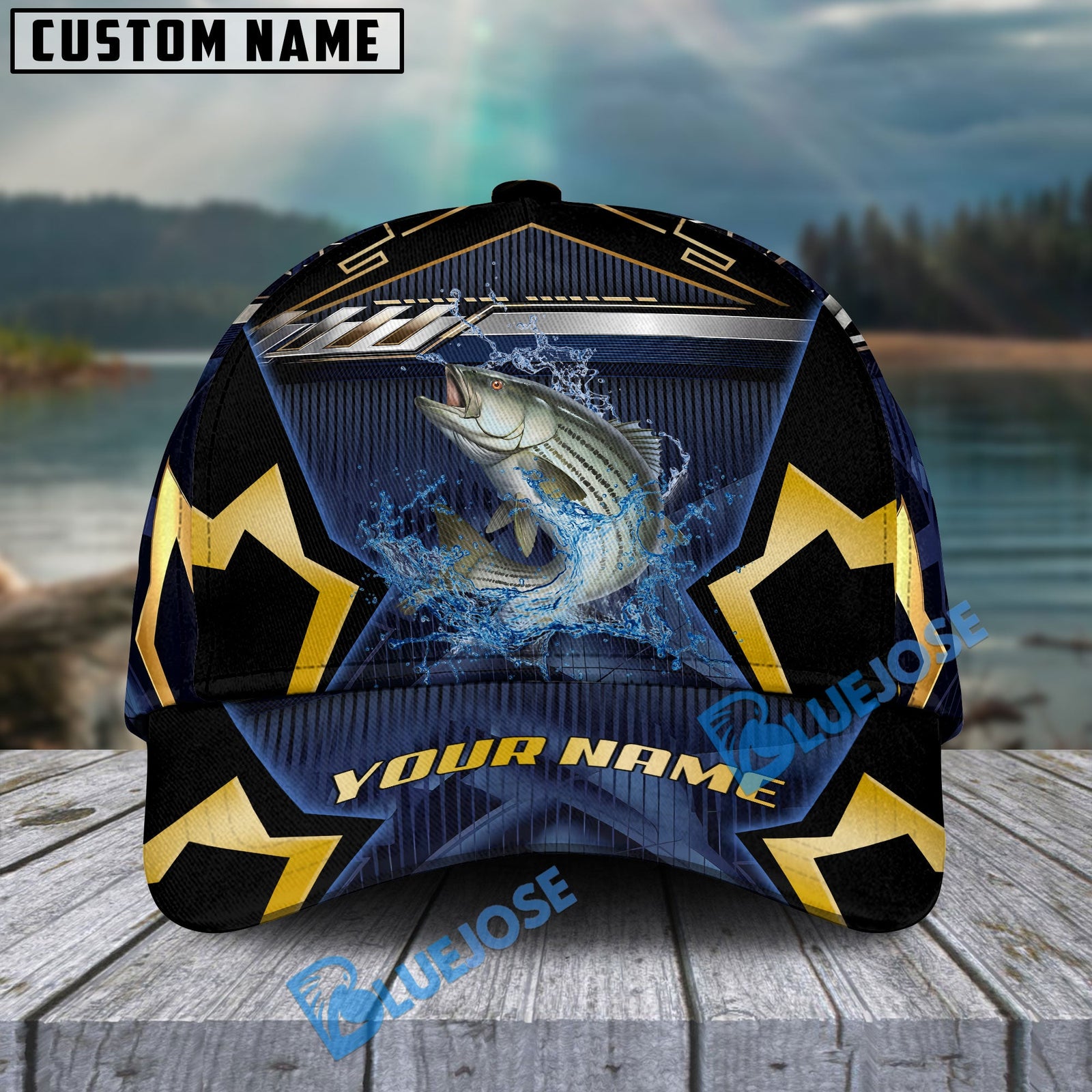 BlueJose Fishing Black Gold Geometric Personalized Name Classic 3D Cap Personalized Cap (13 Breeds)