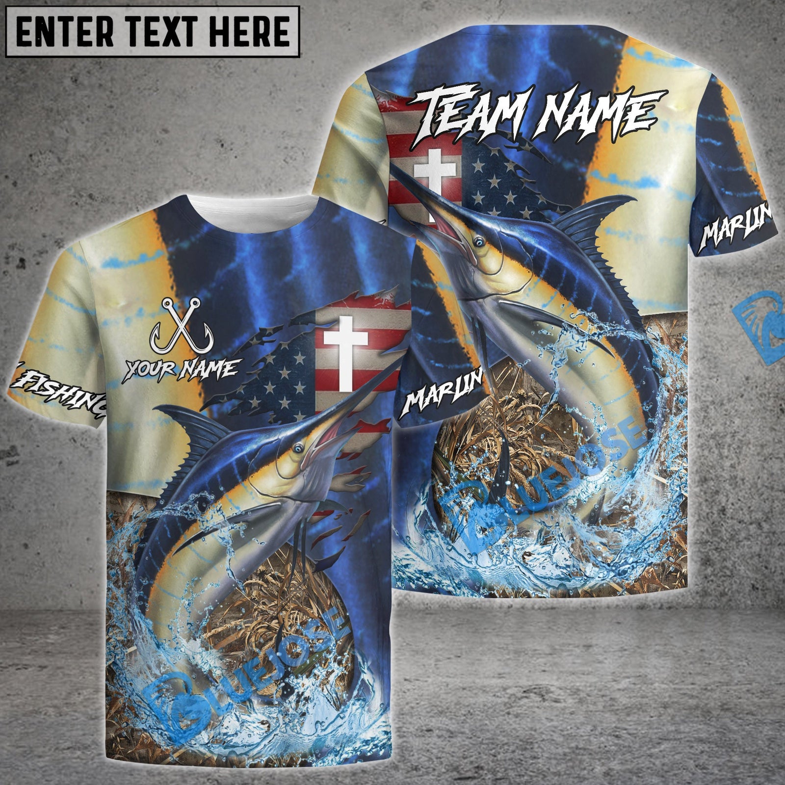 Bluejose Marlin Fishing American Flag Camo Cross Skin Custom Name & Team Name 3D Shirts