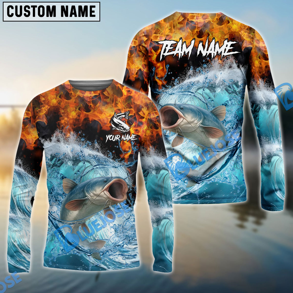 Bluejose Catfish Fishing Sea Fire Design Name &amp; Team Name 3D Shirts