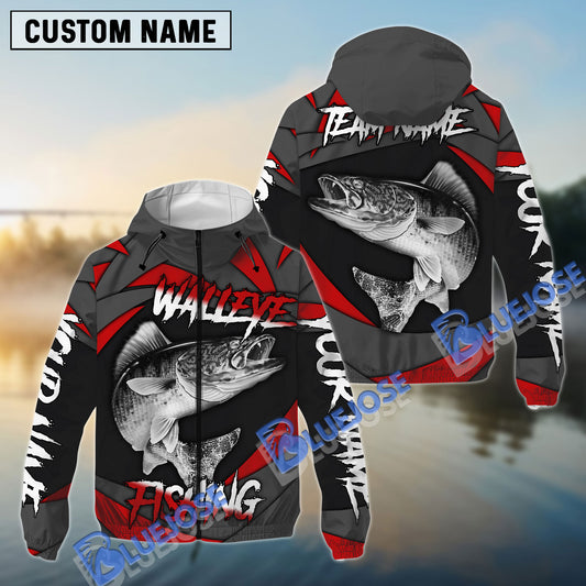 Bluejose Walleye Fishing Red Gray Spinning Pattern Custom Name Windbreaker Jacket